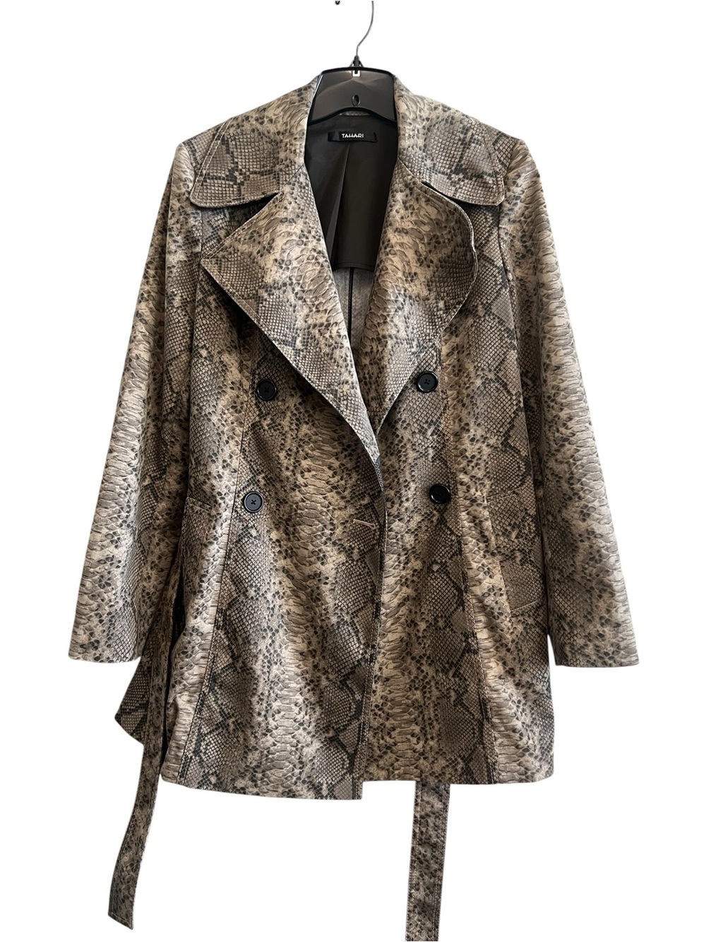 Tahari Snake-Print Double-Breasted Trench Coat in Gray and Cream